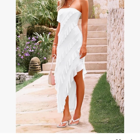 Formal Cocktail Dress Strapless Tube Asymmetrical Ruffle Maxi Bodycon - Picture 4 of 8